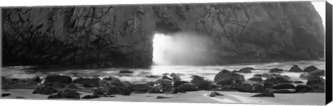 Framed Rock formation on the beach in black and white, Big Sur, California Print