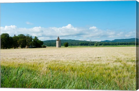 Framed Wheat field with a tower, Meyrargues, Bouches-Du-Rhone, Provence-Alpes-Cote d&#39;Azur, France Print