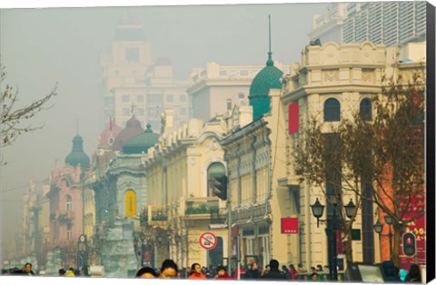 Framed Shoppers along a central street, Zhongyang Dajie, Daoliqu Russian Heritage Area, Harbin, Heilungkiang Province, China Print