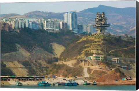 Framed Boats at the port with a newly built town on Yangtze River, Wanzhou, Chongqing Province, China Print