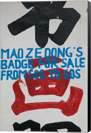 Framed Close-up of a store sign for selling Chairman Mao badges, Old Town, Dali, Yunnan Province, China Print