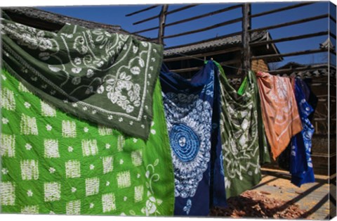 Framed Batik fabric souvenirs at a market stall, Baisha, Lijiang, Yunnan Province, China Print