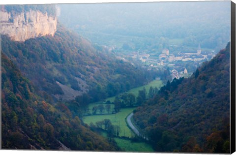 Framed Elevated view of a village at morning, Baume-les-Messieurs, Les Reculees, Jura, Franche-Comte, France Print