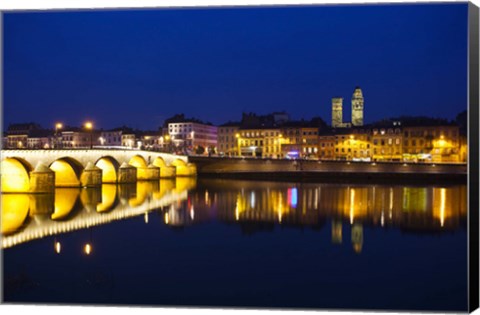 Framed Bridge lit up at night, Pont St-Laurent Bridge, Macon, Burgundy, Saone-et-Loire, France Print