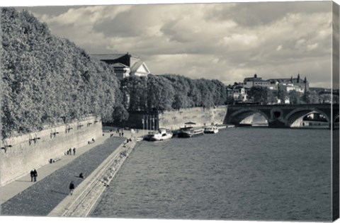 Framed Boats at Quai de la Daurade, Toulouse, Haute-Garonne, Midi-Pyrenees, France (black and white) Print