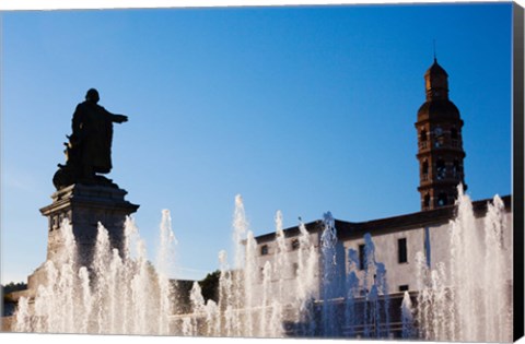 Framed Fountain with a statue at Place Francois Mitterrand, Cahors, Lot, Midi-Pyrenees, France Print