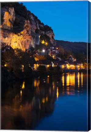 Framed Buildings lit up at evening, Dordogne River, La Roque-Gageac, Dordogne, Aquitaine, France Print