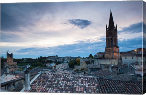 Framed Elevated view of a town with Eglise Monolithe church at dusk, Saint-Emilion, Gironde, Aquitaine, France Print