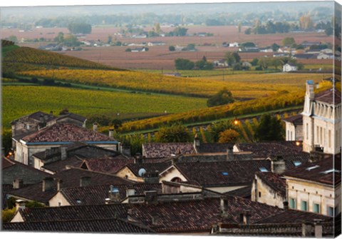 Framed Elevated town view with Vineyards, Saint-Emilion, Gironde, Aquitaine, France Print