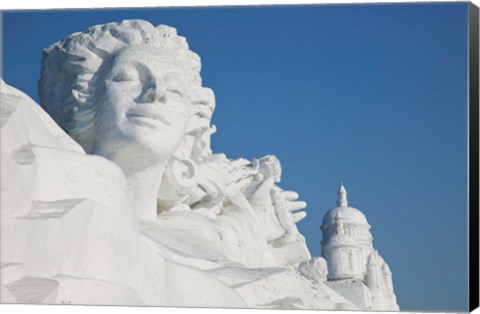 Framed French themed Snow Sculpture by frozen Sun Island Lake, Harbin, China Print