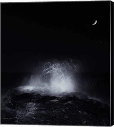 Framed crescent moon and waves splashing over rocks in Miramar, Argentina Print