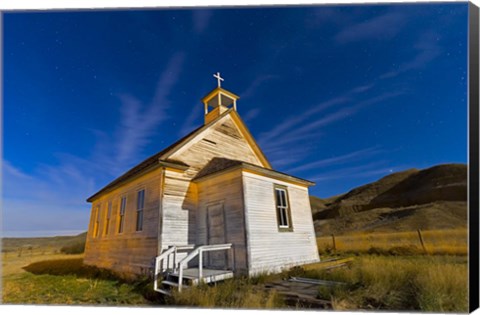 Framed old pioneer church in Dorothy, Alberta, Canada, on a starry night Print