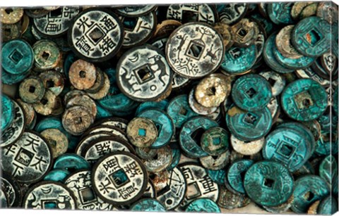 Framed Antique Chinese Coins and Reproductions at a Street Market, Shandong Province, Jinan, China Print