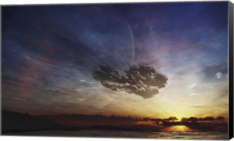 Framed despairing man sits on the beach, watching as the sun sets on his heart Print