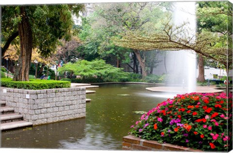 Framed Pond With Fountain in Kowloon Park, Tsim Sha Tsui Area, Kowloon, Hong Kong, China Print