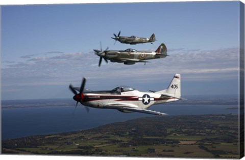 Framed P-51 Cavalier Mustang with Supermarine Spitfire fighter warbirds Print