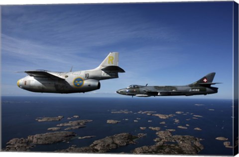 Framed Saab J 29 and Hawker Hunter vintage jet fighters of the Swedish Air Force Historic Flight Print