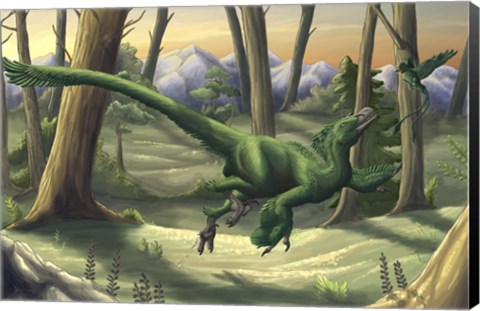 Framed bright green Velociraptor runs through a prehistoric forest Print