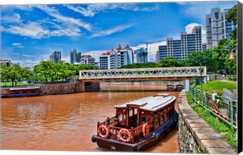 Framed Singapore skyline and tug boats on river. Print