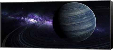 Framed Artist&#39;s concept of a blue ringed gas giant in front of a galaxy Print