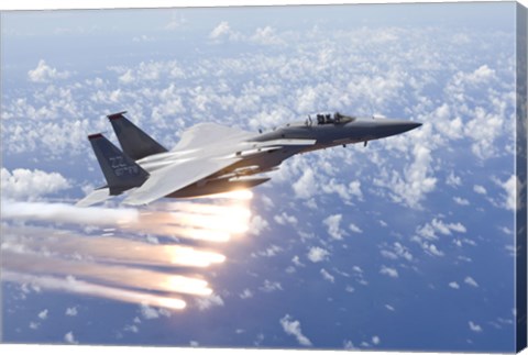 Framed F-15 Eagle Releases Flares over the Pacific Ocean Print