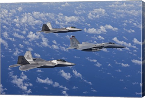 Framed F-15 Eagle and Two F-22 Raptors over Japan Print