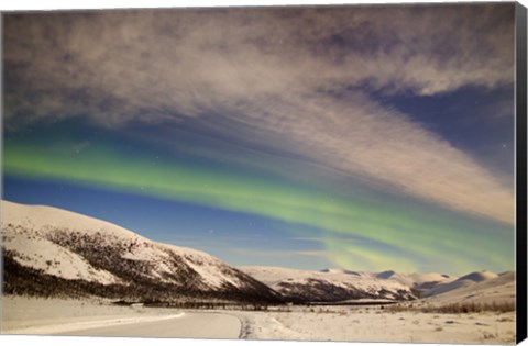 Framed Aurora Borealis with Moonlight over Ogilvie Mountains, Canada Print