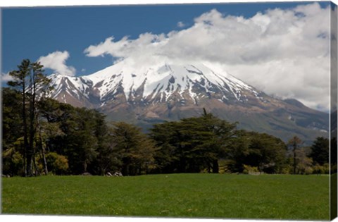 Framed View of volcanic mountain Mt Taranaki, North Island, New Zealand Print