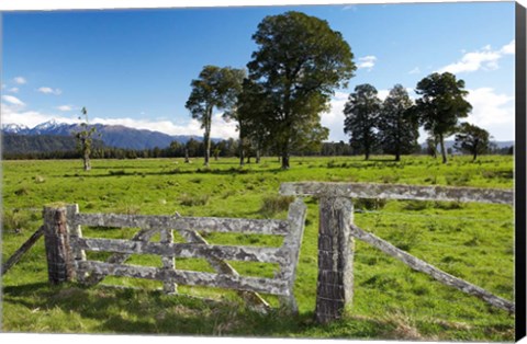 Framed Gate and Farmland near Fox Glacier, West Coast, South Island, New Zealand Print