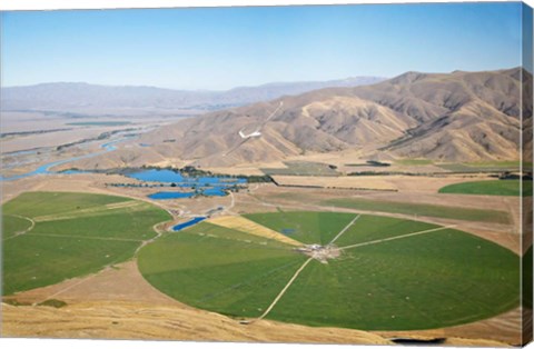 Framed Giant Rotary Irrigation Scheme near Twizel, Mackenzie Country, South Island, New Zealand Print