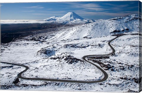 Framed Bruce Road up Mt Ruapehu, and Mt Ngauruhoe, Tongariro National Park, North Island, New Zealand Print