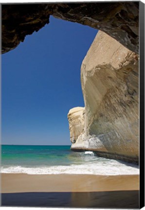 Framed Sea cave, beach and cliffs, Tunnel Beach, Dunedin, South Island, New Zealand Print