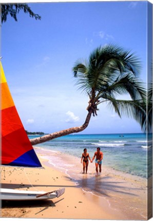 Framed Couple on Beach with Sailboat and Palm Tree, Barbados Print