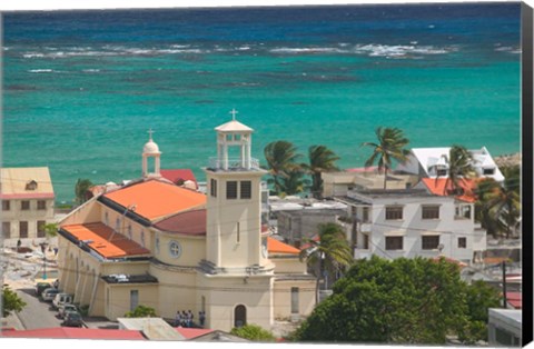 Framed Town View and Church on Marie-Galante Island, Guadaloupe, Caribbean Print