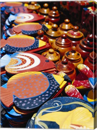 Framed Shopping items in street market, St Martin, Caribbean Print