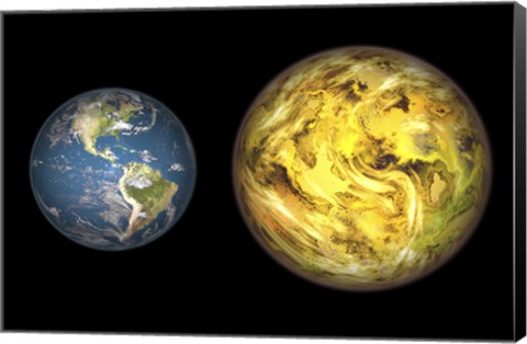 Framed Illustration Comparing the Size of Extrasolar Planet Gliese 581 C with that of the Earth Print