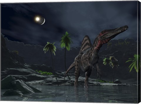 Framed Asteroid Impact on the Moon while a Spinosaurus Wanders in the Foreground Print