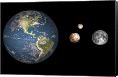 Framed Artist&#39;s concept of the Earth, Pluto, Charon, and Earth&#39;s moon to scale Print