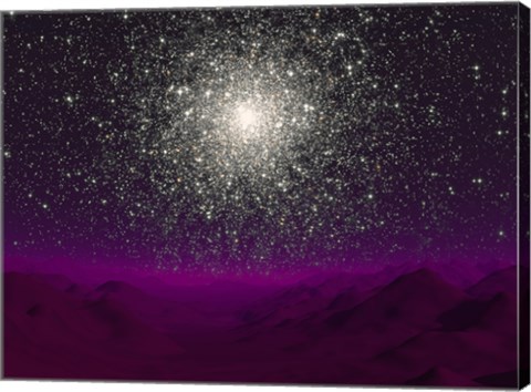 Framed Illustration of a Globular Cluster Over the Terrain of a Barren Planet Print