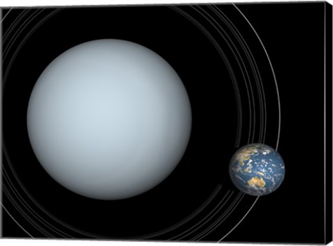 Framed Artist&#39;s concept of Uranus and Earth to scale Print