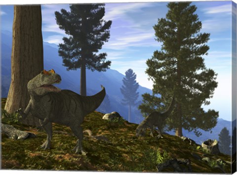 Framed Pair of Allosaurus Search for a Meal along a Mountainside Forest Print