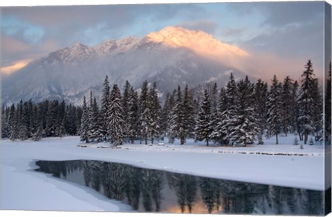 Framed View of Mt Edith and Sawback Range with Reflection in Spray River, Banff, Canada Print