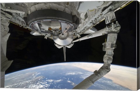 Framed View of Space Shuttle Discovery over Earth&#39;s horizon Print