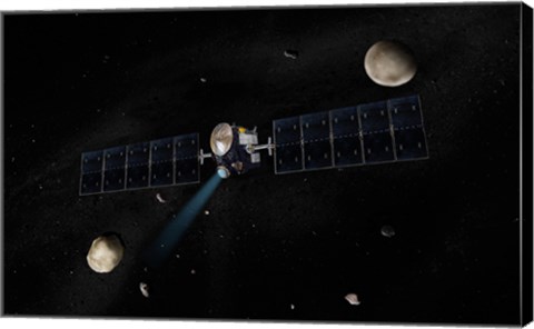 Framed Artist&#39;s Concept of the Dawn Spacecraft in Orbit around the Large Asteroid Vesta and the Dwarf Planet Ceres Print