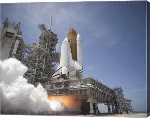 Framed Exhaust Plume forms under the Mobile Launcher Platform on Launch Pad 39A as Space Shuttle Atlantis lifts off into Orbit Print