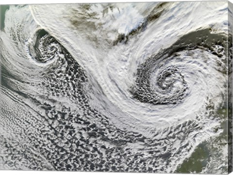 Framed Two Cyclones Formed in Tandem south of Iceland  Scotland Appears in the Lower right Print