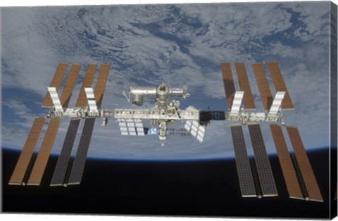 Framed International Space Station, Backdropped by the blackness of space and Earth&#39;s horizon Print