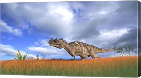 Framed Ceratosaurus Hunting in Prehistoric Grasslands Print