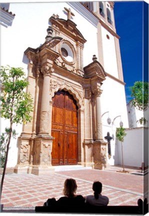 Framed Silhouette of Women Talking in Front of Cathedral, Marbella, Spain Print