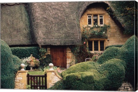 Framed Thatched Roof Home and Garden, Chipping Campden, England, Print